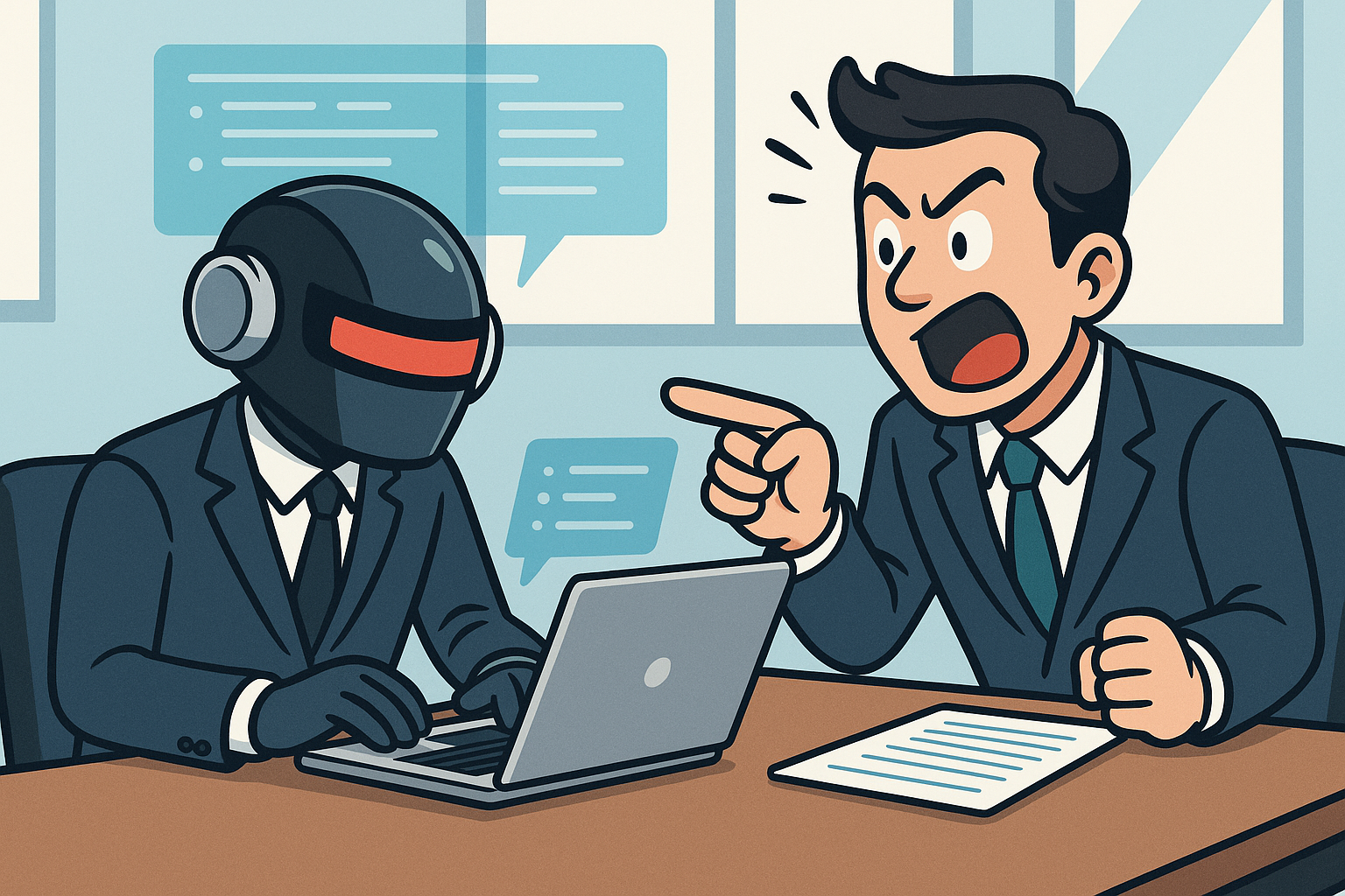 スーツ姿のAI副社長が議事録をタイピングしている横で、人間の社長がツッコミを入れている会議シーンのイラスト