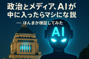 国会議事堂の前に立つ光るAIシルエットと「政治とメディア、AIが中に入ったらマシになる説」という日本語テキスト