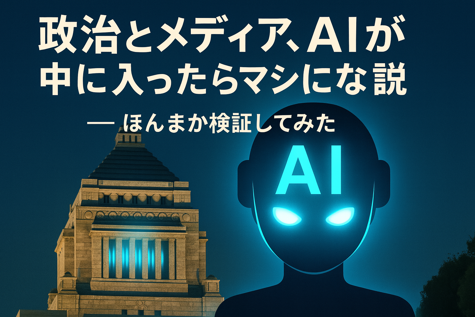 国会議事堂の前に立つ光るAIシルエットと「政治とメディア、AIが中に入ったらマシになる説」という日本語テキスト